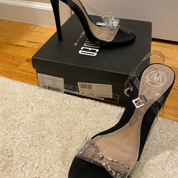 Missguided clear Perspex bow rhinestone ankle strap sandals heels black suede - Picture 7 of 10